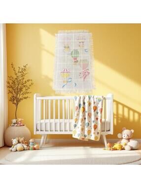 Vintage Cross Stitch Afghan Hot Air Balloon Pastel Colors  nursery or any wall